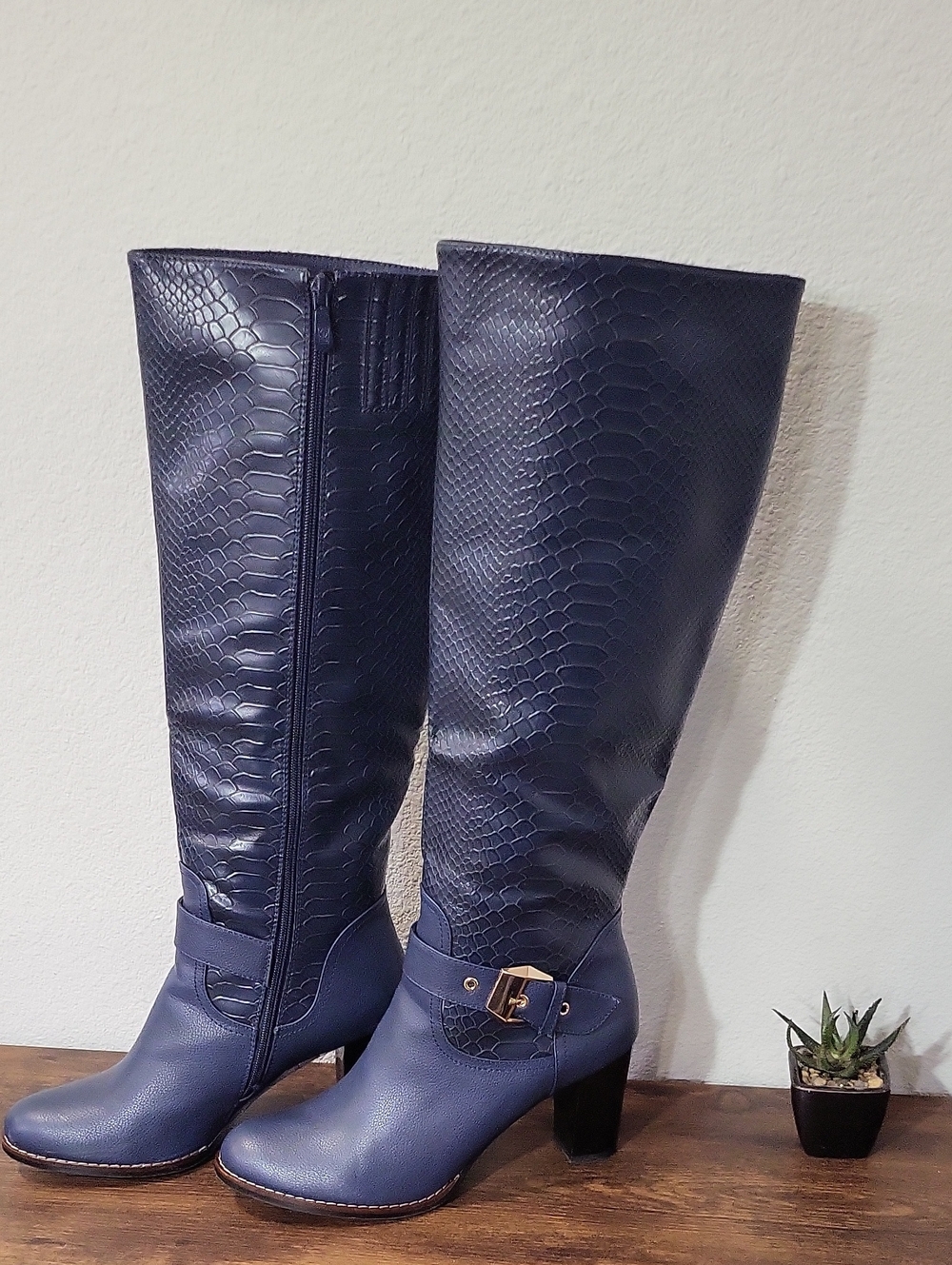Women's Tall Snakeskin-Texture Buckle Boots in Deep Blue